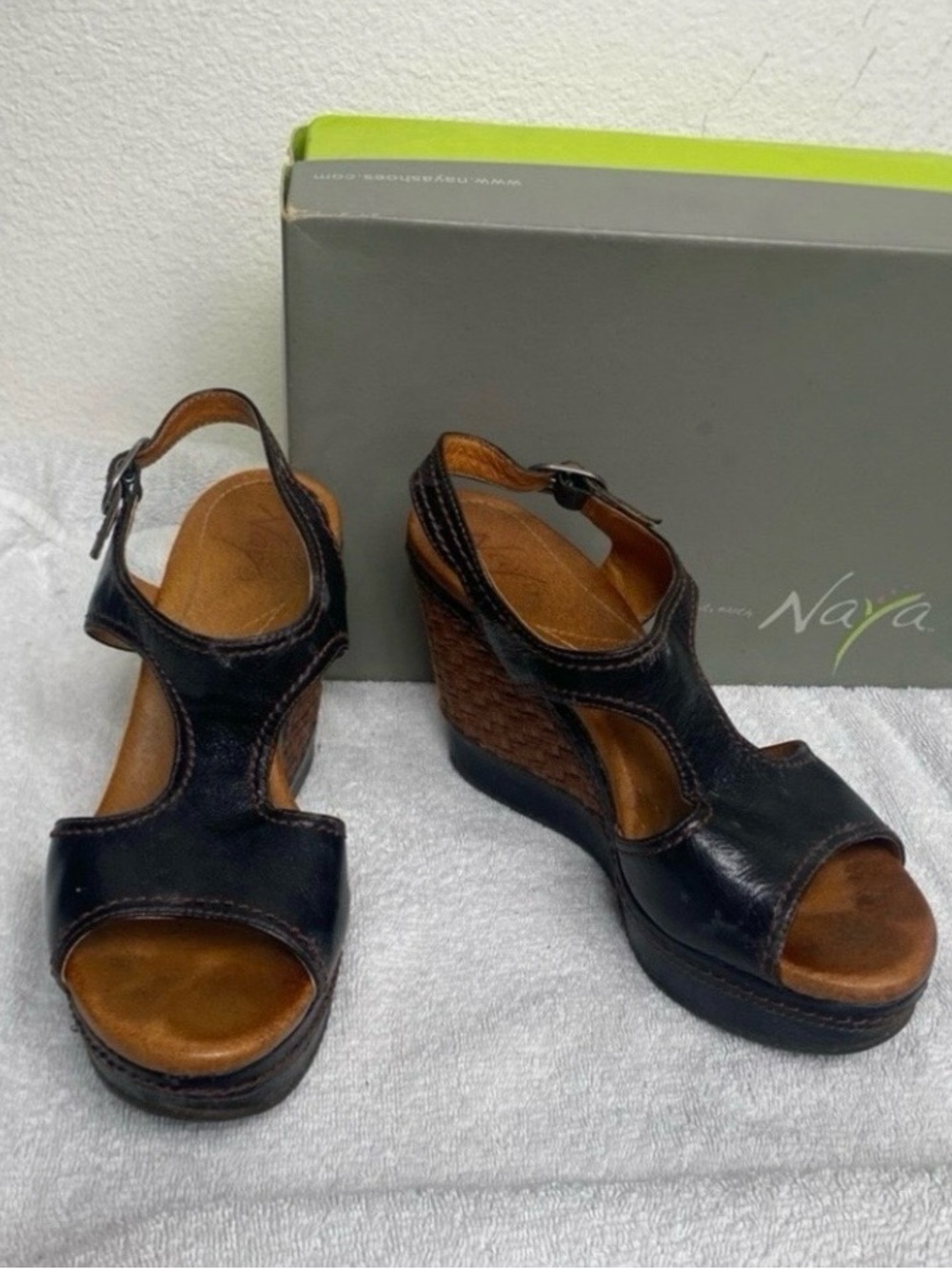 Naya Eternal Women’s Black Platform Wedge Sandal Ankle Strap Size 7 Boho Hippie